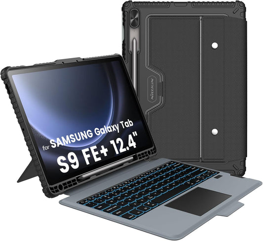 Nillkin for Samsung Galaxy Tab S9 FE Plus Case with Detachable Keyboard, Multi-Touch Trackpad, 7-Color Backlit, S Pen Holder, Rugged Keyboard Case with Camera Cover for Samsung Tablet S9 FE+ 12.4"
