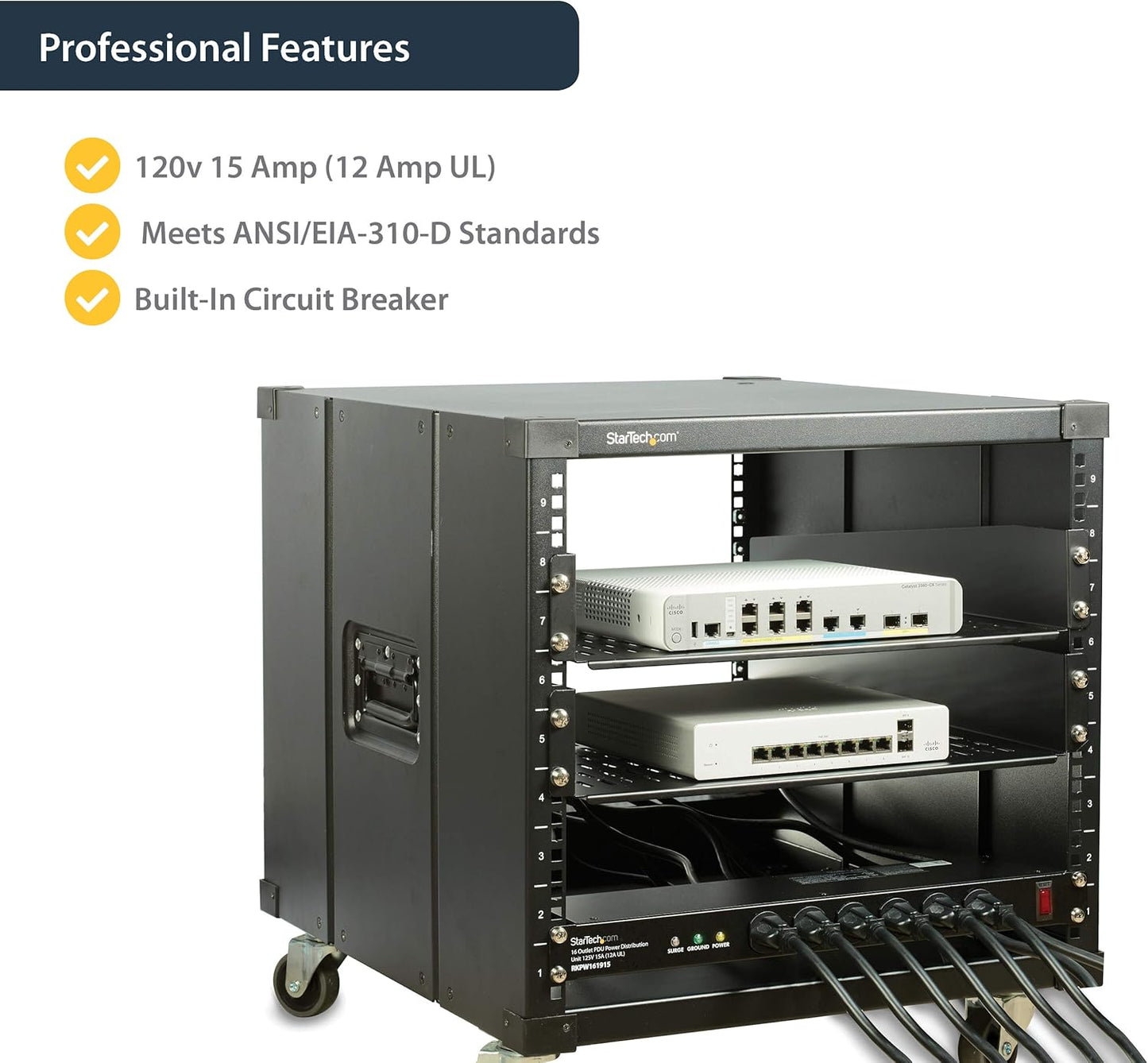 StarTech.com 16 Outlet Horizontal 1U Rack Mount PDU Power Strip for Network Server Racks - Surge Protection - 120V/15A - 6ft Power Cord (RKPW161915)