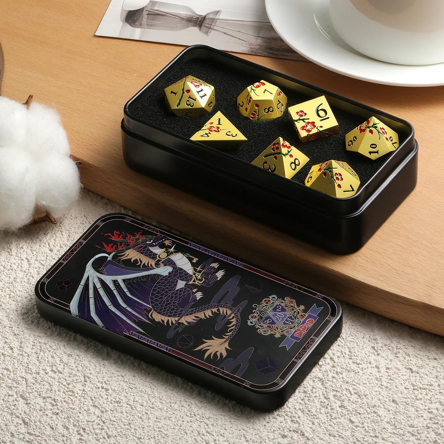 DNDND Flowers Metal Dice, 7 PCS Metallic DND Dice with Gorgeous Gift Case for D&D Dungeons and Dragon Tabletop Game (Red Flowers with Gold)
