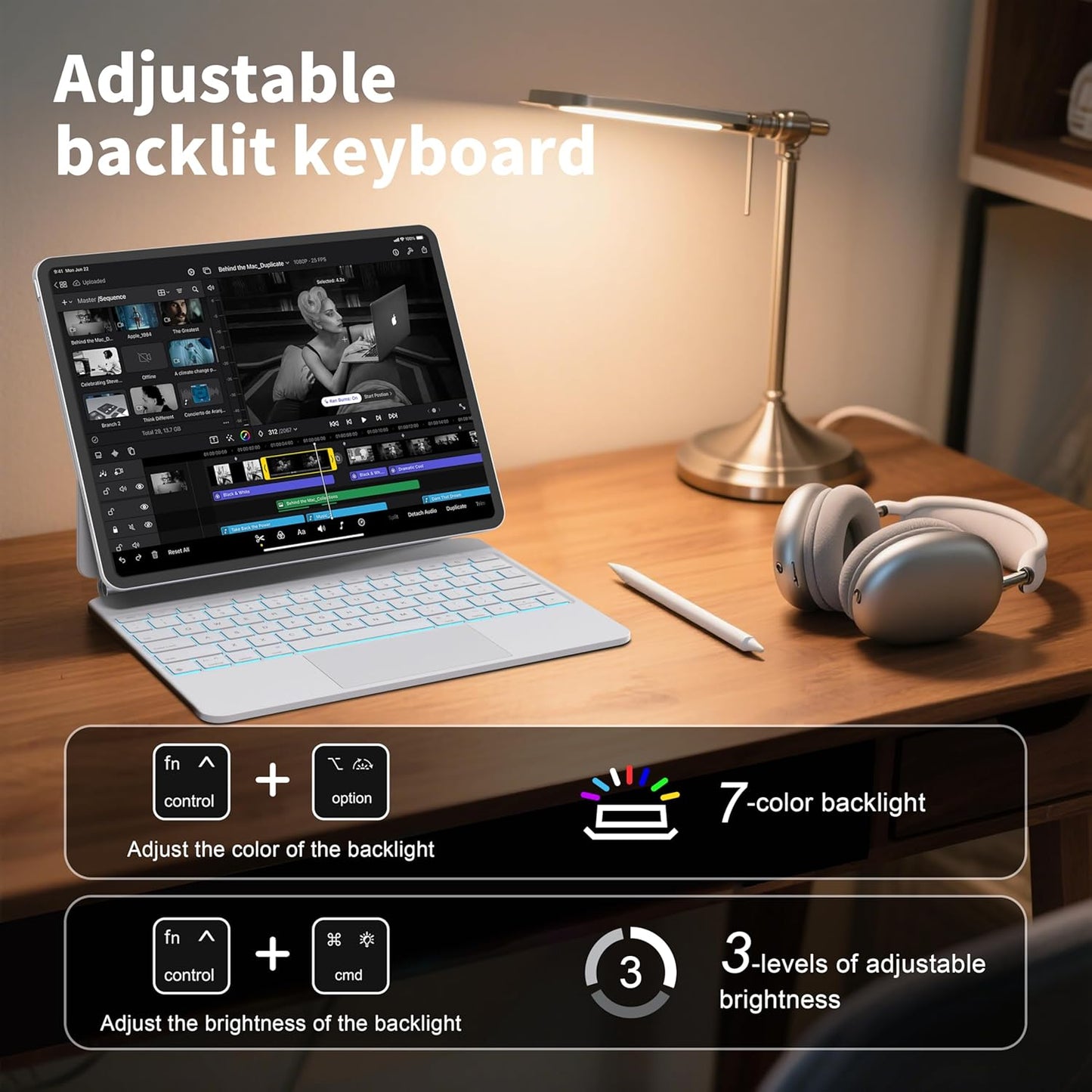 iPad Pro 13 inch case 2024 with Keyboard, Keyboard Case for iPad Pro 13-inch (M4, 2024) with 7 Colors Backlight, Multi-Touch Trackpad, Easy-Set Magnetic Stand, Auto Sleep/Wake (White)