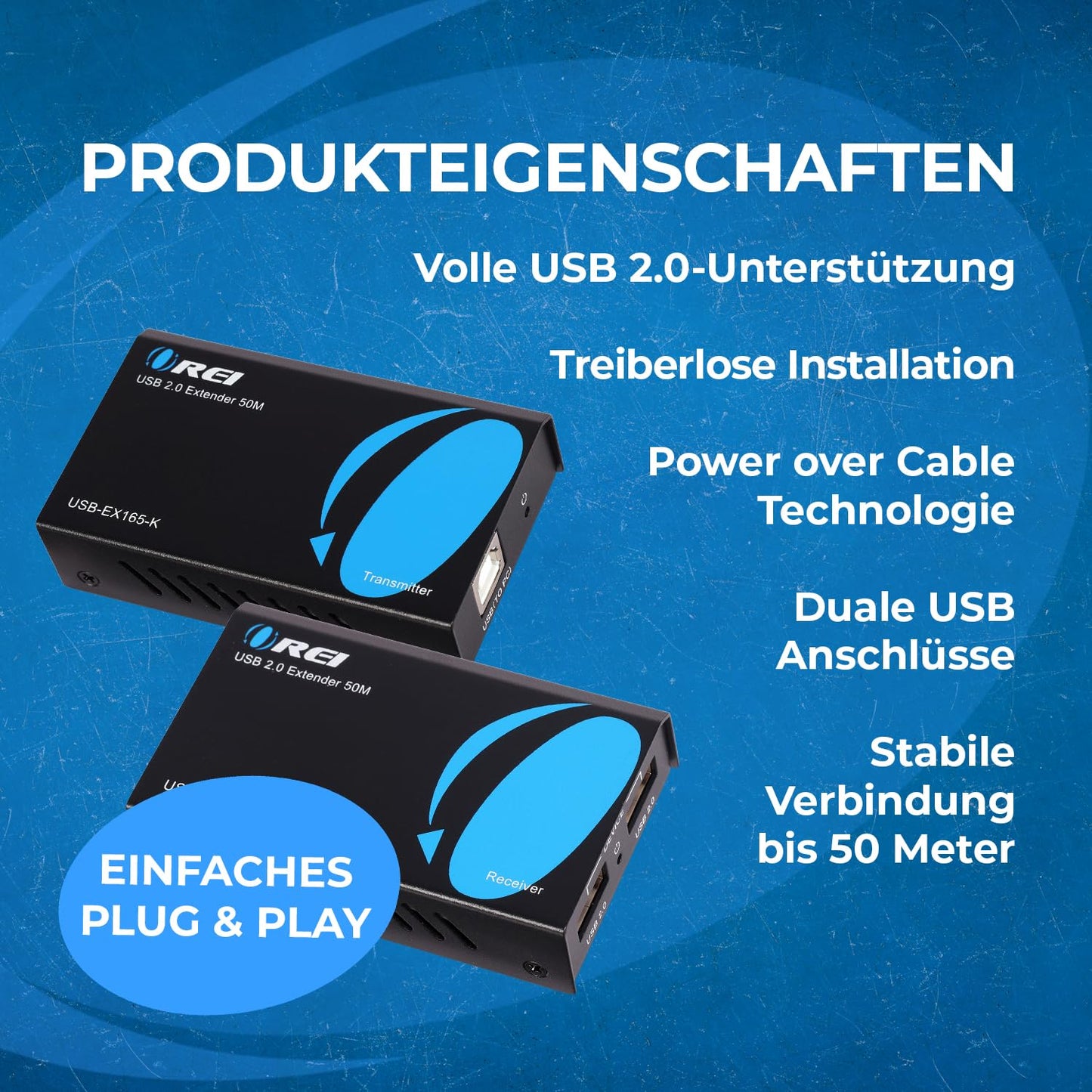 OREI USB Over Cat5e/6 Extender Upto 165 Feet - Extends USB 2.0 Signal Over LAN Ethernet with 2 Ports - Power Over Cable for Long Distance Extension Supports All Operating System (USB-EX165-K)