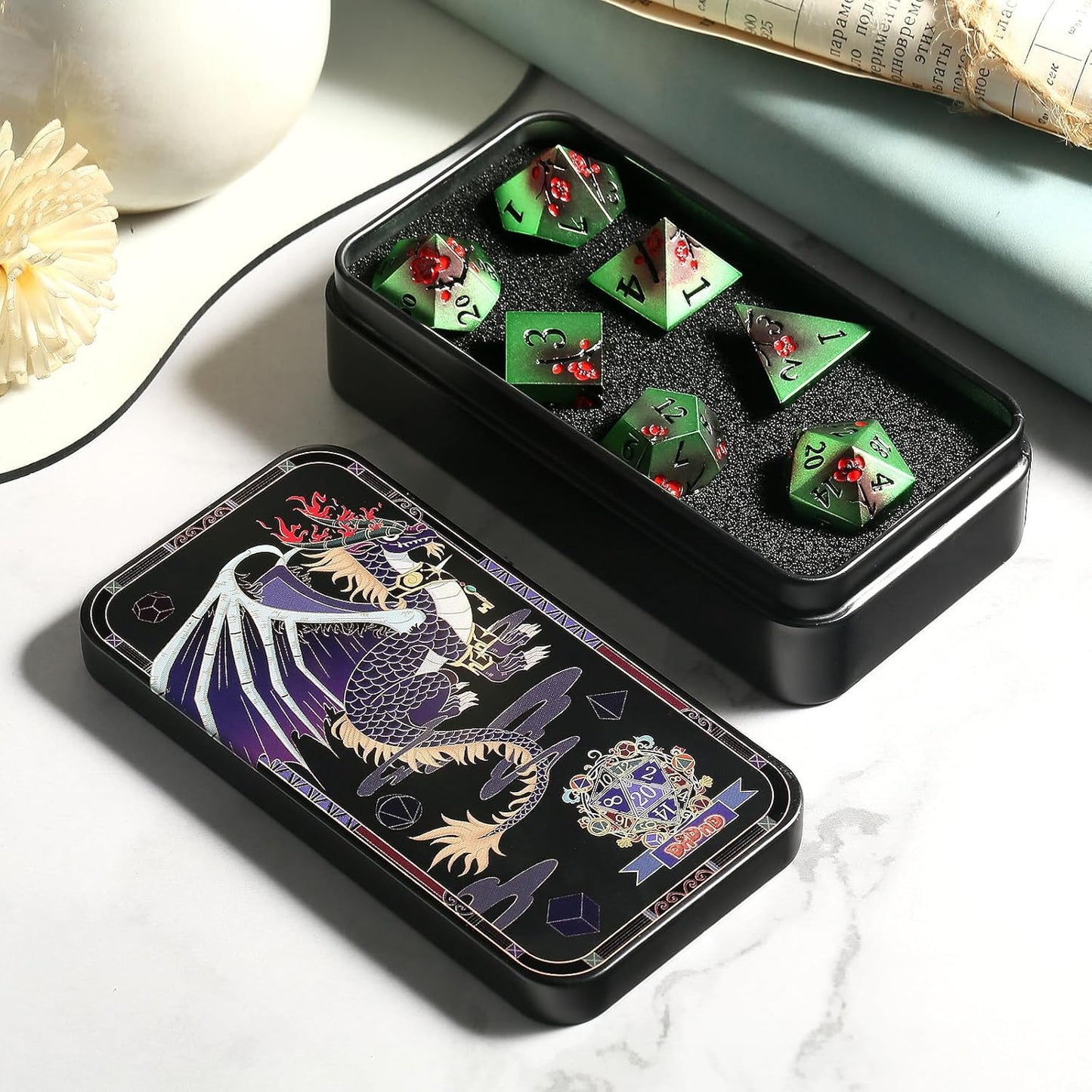 Metal Dice Set D&D, DNDND 7 PCS Metallic Flowers DND Dice with Gorgeous Gift Case for D&D Dungeons and Dragon Tabletop Game (Green and Red)