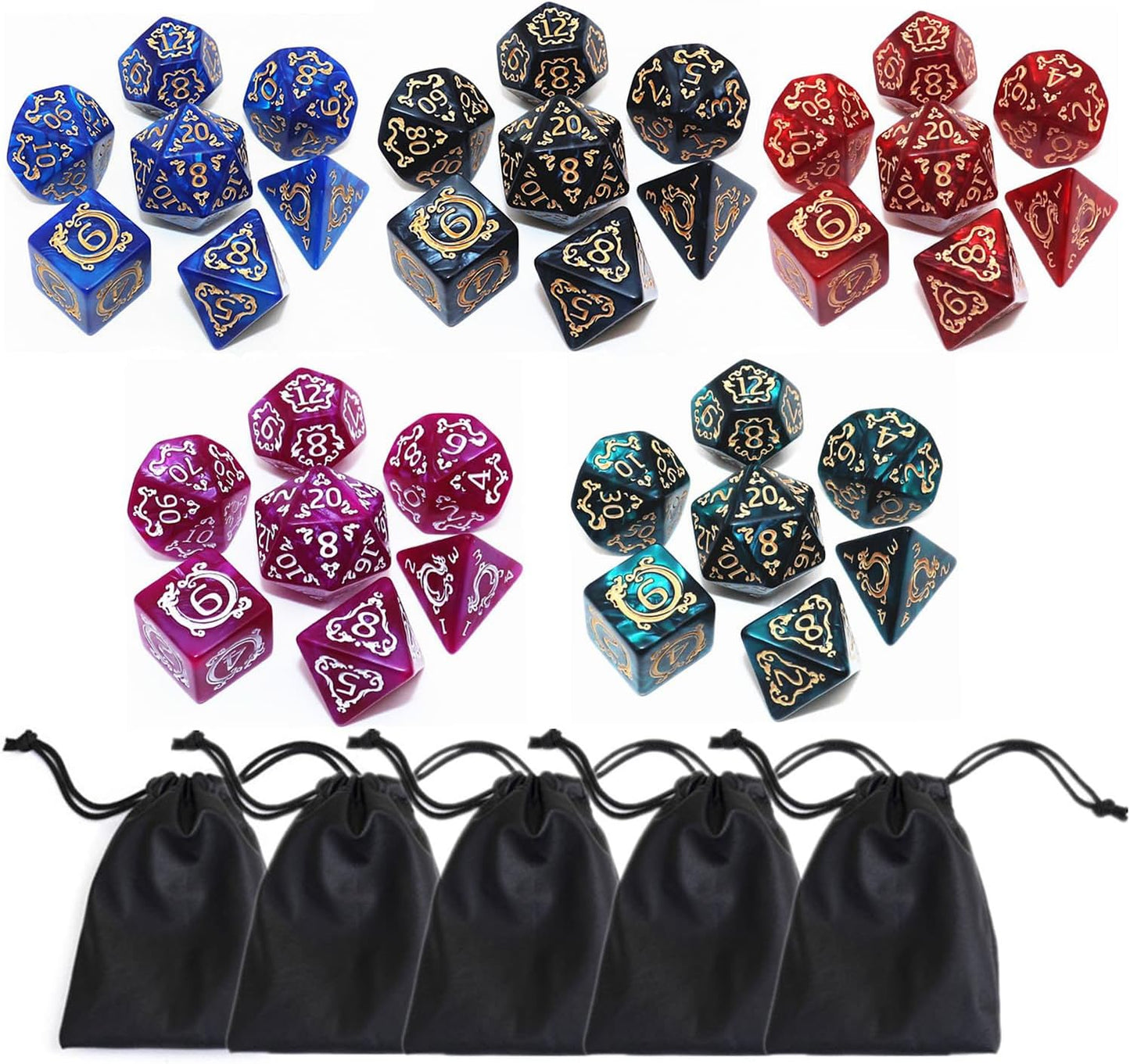 Polyhedral DND Dice Set, 5 Pack Vintage Dragon-Patterned Dice Sets Compatible with Dungeons and Dragons D&D RPG Games,35 Pieces (5 Colors with Black)
