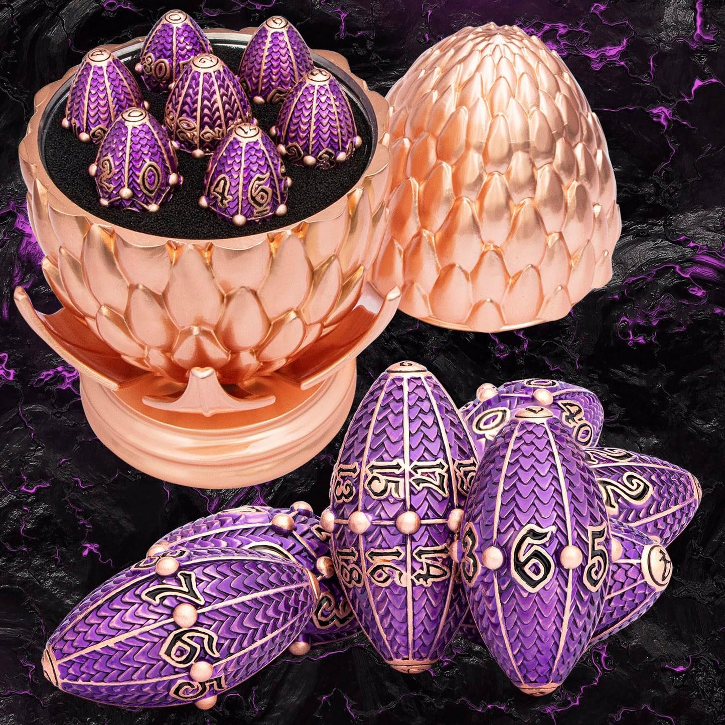 ARUOHHA DND Metal Dice Copper Purple Dragon Egg Dice with Rotating Dragon Egg Shell, Role Playing Game RPG Polyhedral D and D Dice Set D20 D12 D10 D8 D6 D4