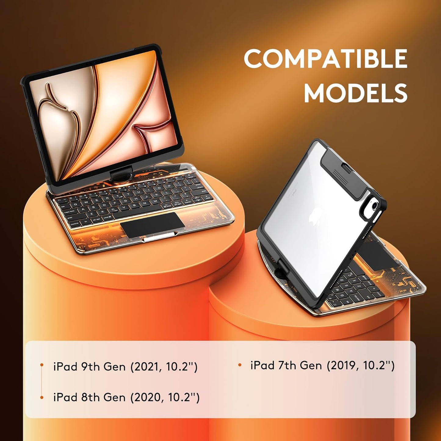 GUSGU Transparent Case with Wireless Keyboard for iPad 10.2-in (7th, 8th, and 9th Gen), 7 Colors Backlight, Trackpad, 360°Rotating Stand, Tech Style