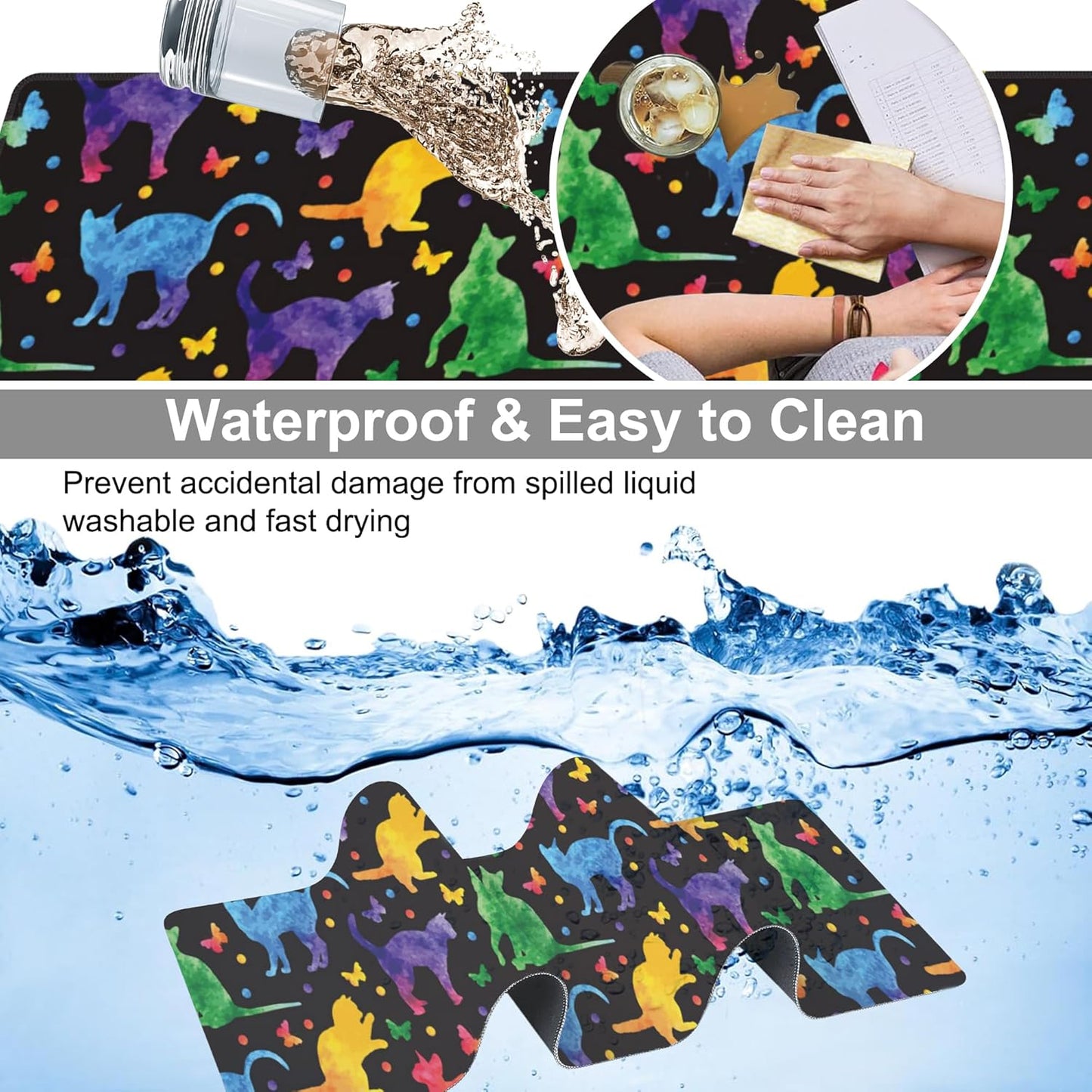 Colorful Cats and Butterflies Desk Mat,Large Watercolor Kittens Butterfly Gaming Keyboard Mouse Pad,Non-Slip Rubber Base Desk Pad Thick Stitched Edges Waterproof Mousepad Mouse Mat 31.5"x11.8"