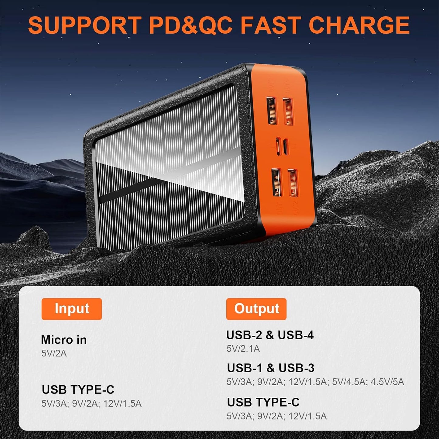 Solar Charger Power Bank 66800mAh Portable Charger with USB-C in/Output 22.5W QC3.0 Fast Charging 5 Out Ports Battery Pack Built-in 32 Led Flashlights for iPhone Samsung Tablet Camping