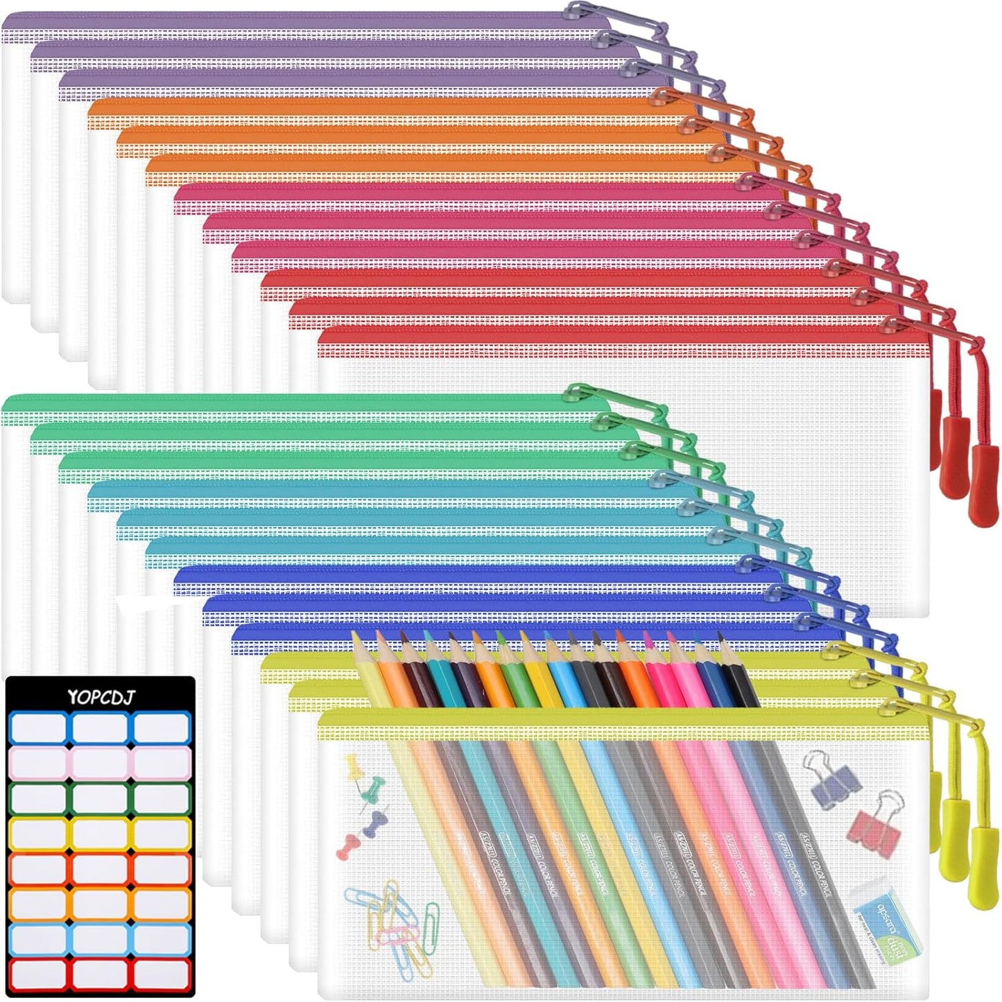 24pcs Mesh Zipper Pouch Bags 9.3 x 4.7 Inches, 8 Color Small Clear Pouches Bulk, Travel Cosmetics Organization, Classroom and Office Supplies