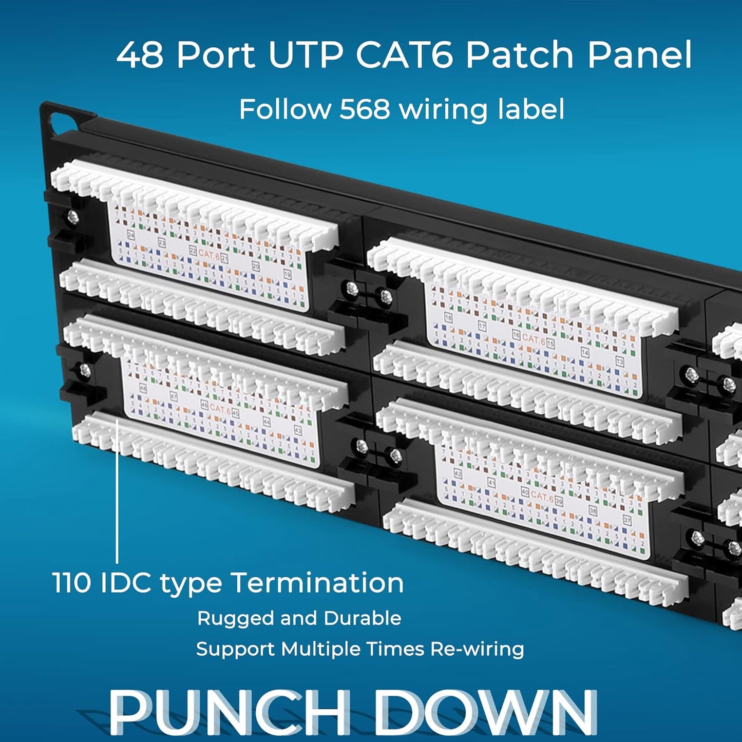 Rapink Patch Panel 48 Port Cat6 10G Support, Network Patch Panel UTP 19-Inch, Wallmount or Rackmount 1U Ethernet Patch Panel Punch Down Block for Cat6, Cat5e, Cat5 Cabling