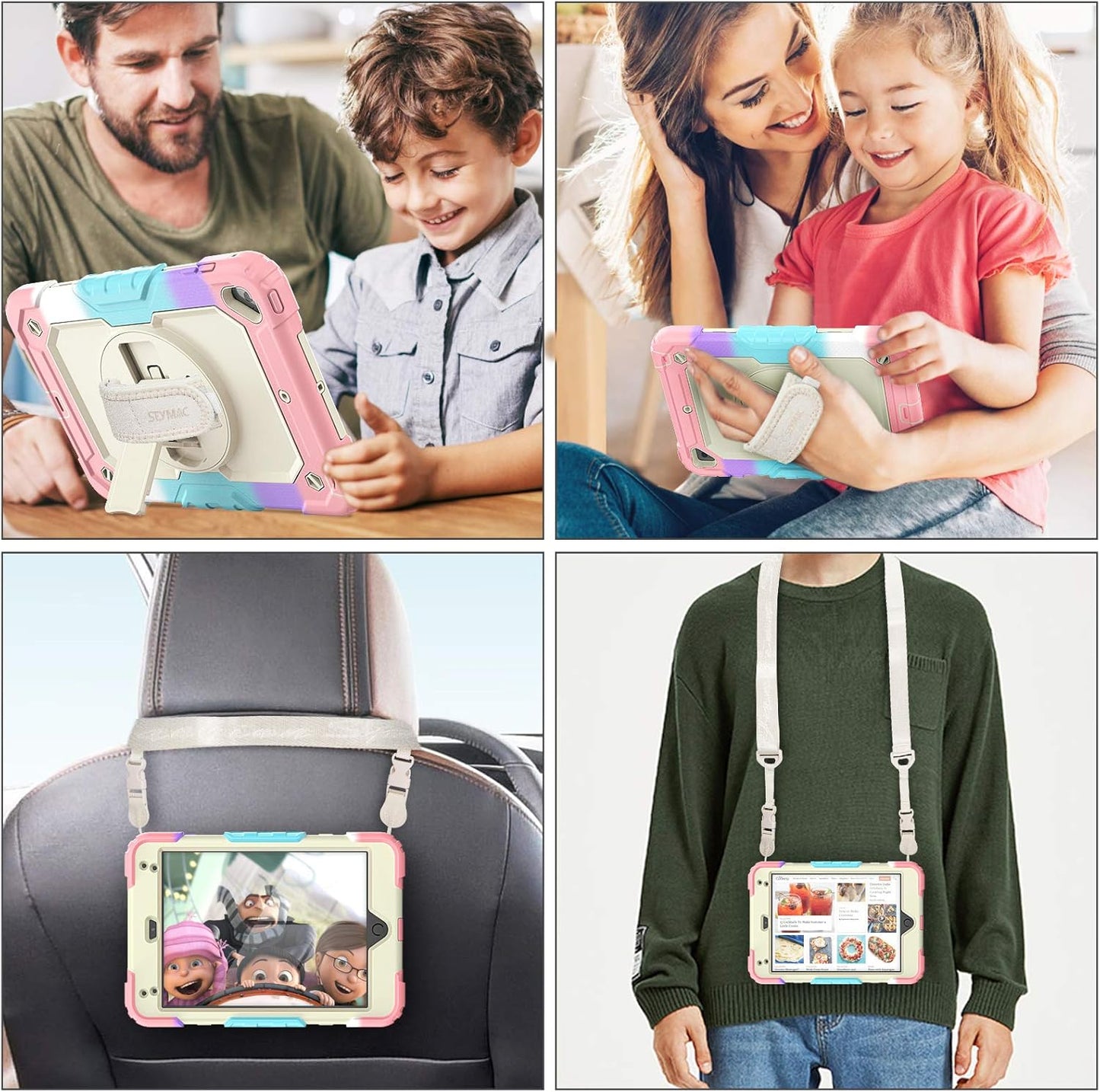 SEYMAC stock Case for iPad mini 5/4 with Screen Protector Pencil Holder [360 Rotating Hand Strap] & Stand, Drop-Proof Case for iPad mini 5th/4th Generation 7.9 inch (Yellowish+Rose)