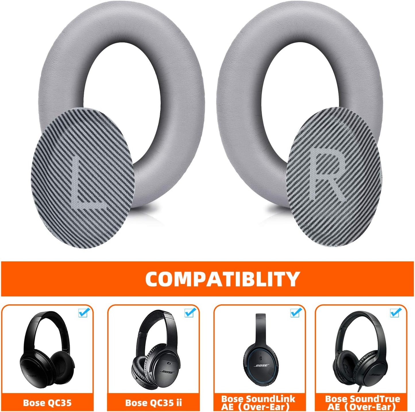 Premium Replacement Ear Pads for Bose QC35 & QC35ii Headphones Made by GEVO- Comfortable Adaptive Memory Foam and Extra Durable - Fits QuietComfort 35 & 35ii / SoundLink 1&2 AE（Over-Ear） (Silver)