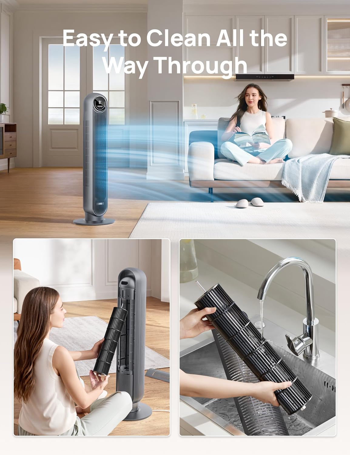 Dreo Tower Fan for Bedroom, 25ft/s Velocity Quiet Floor Fan, 90° Oscillating Fans for Indoors with 4 Speeds, 4 Modes, 8H Timer, Bladeless Fan, Standing Fans, Grey, Nomad One (DR-HTF007)