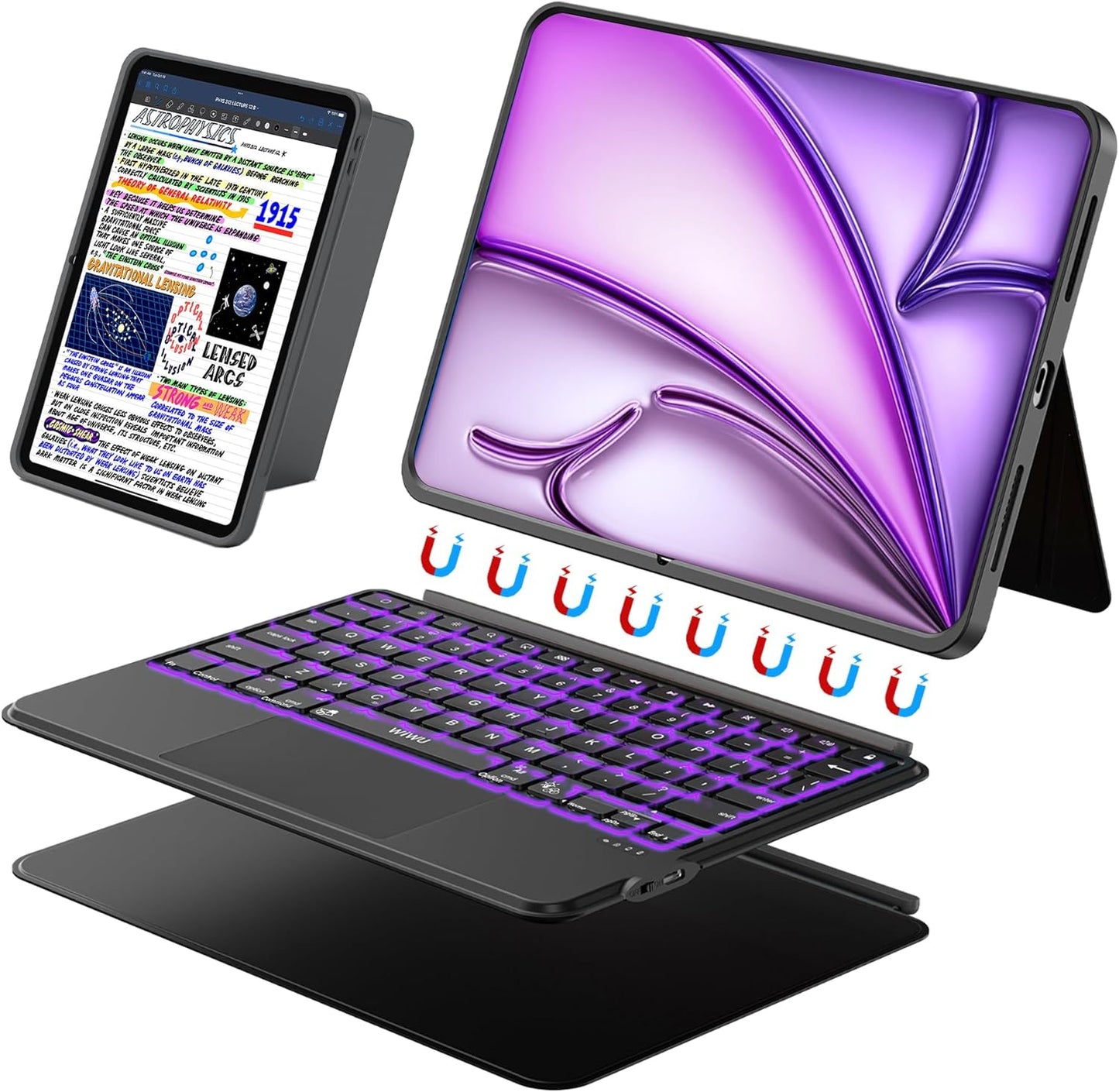 WIWU for iPad Case Keyboard for Air 13 Inch 3 in 1 Magnetic Detachable Keyboard Case Adjustable Stand 7 Colours Backlit Keys with Trackpad (Black, for Air 13"(M3/M2) Pro 12.9" 6/5/4/3)