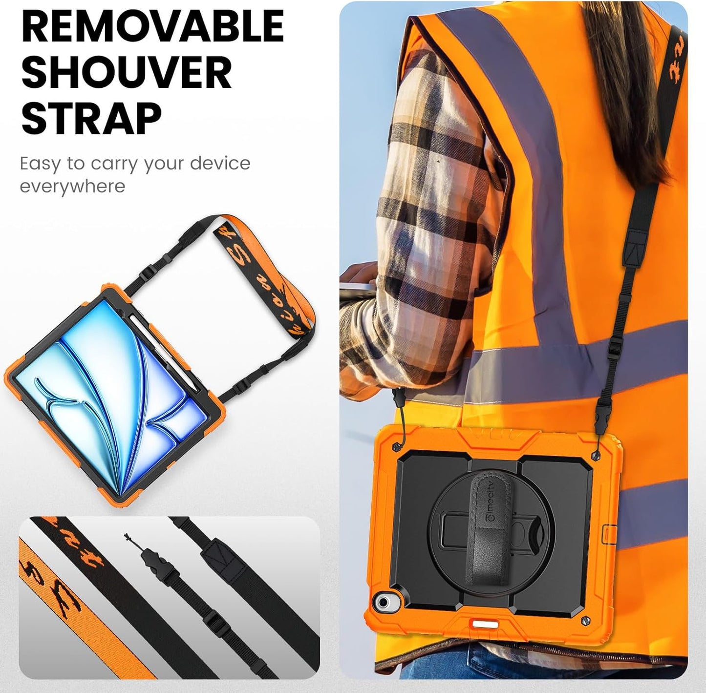 timecity for iPad Air 13 Inch Case M3 2025/ M2 2024, 360° Rotating Stand, Pencil Holder & Wireless Charging, Shockproof with Screen Protector & Shoulder Strap - for Designers & Professionals, Orange