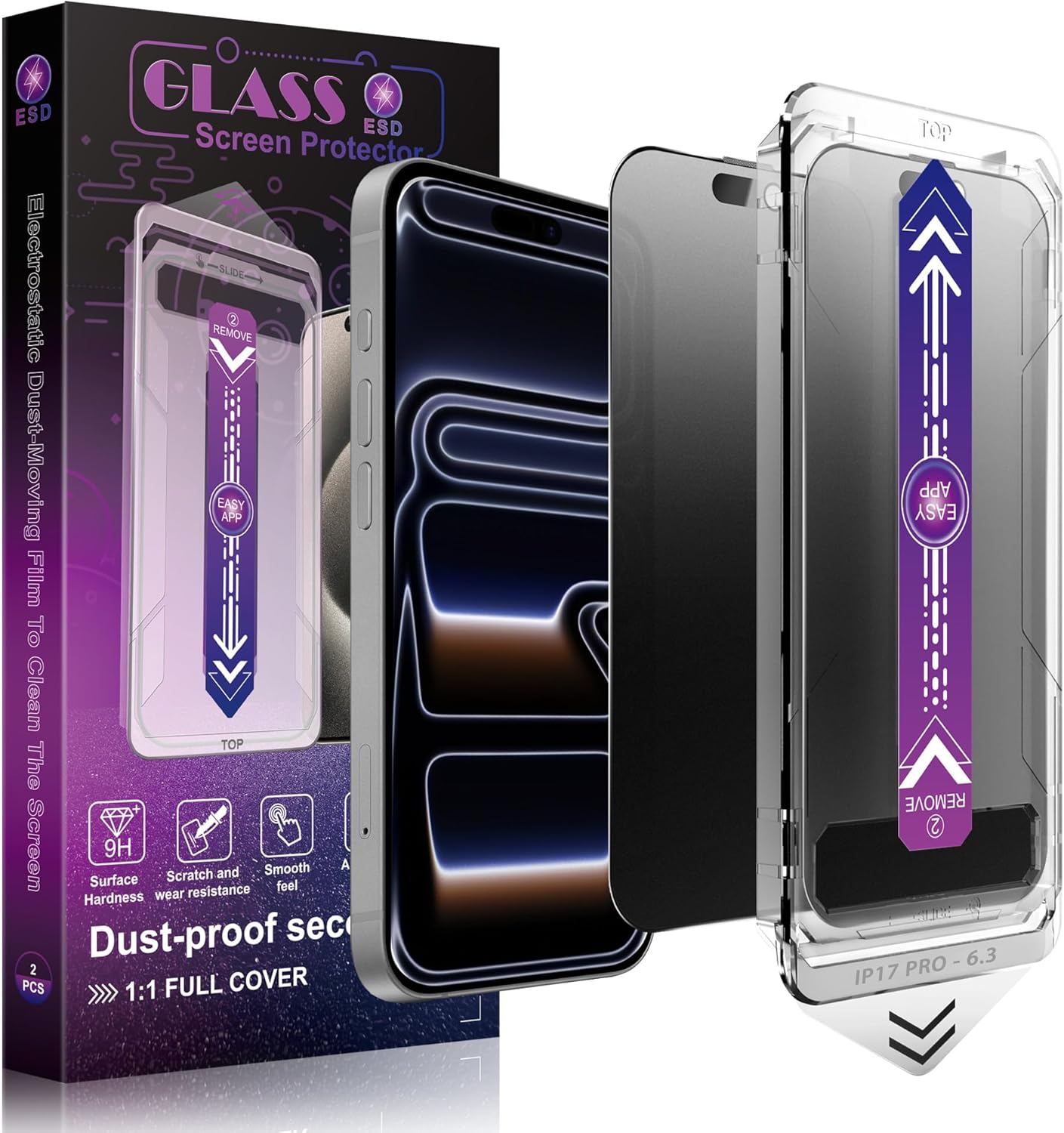 Matte Privacy Screen Protector for iPhone 17 Pro 6.3-Inch, Auto Dust Removal, 9H Anti-Spy Tempered Glass Film, Full Cover, Anti-Fingerprint, Easy Installation, 2 Pack