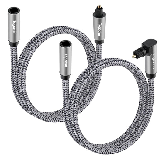 Optical Extension Fiber Digital Cable Adapter 0.6 Feet（2 Pack）, 90 Degree Right Angle & Straight Male to Female Coupler, Toslink Audio Cable, Nylon Braided for Home Theater, Soundbar, TV and More