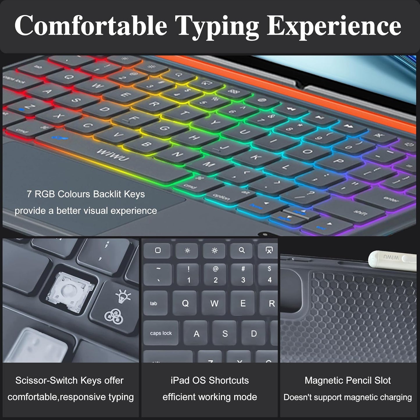 WIWU Keyboard Case for iPad Air 13 Inch 3 in 1 Magnetic Detachable Keyboard Case Adjustable Stand 7 Colours Backlit Keys with Trackpad (Grey, for Air 13"(M3/M2) Pro 12.9" 6/5/4/3)