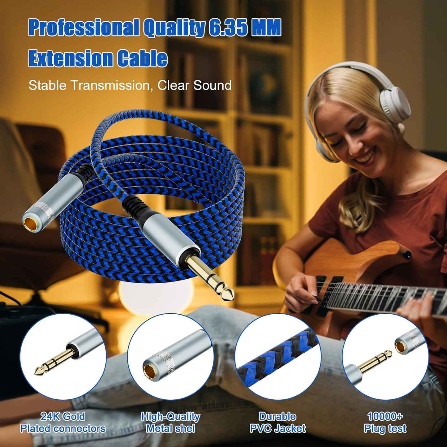 LDKCOK 1/4 inch TRS Extension Cable 3ft, 1/4" Male to Female Stereo Headphone Guitar Cable