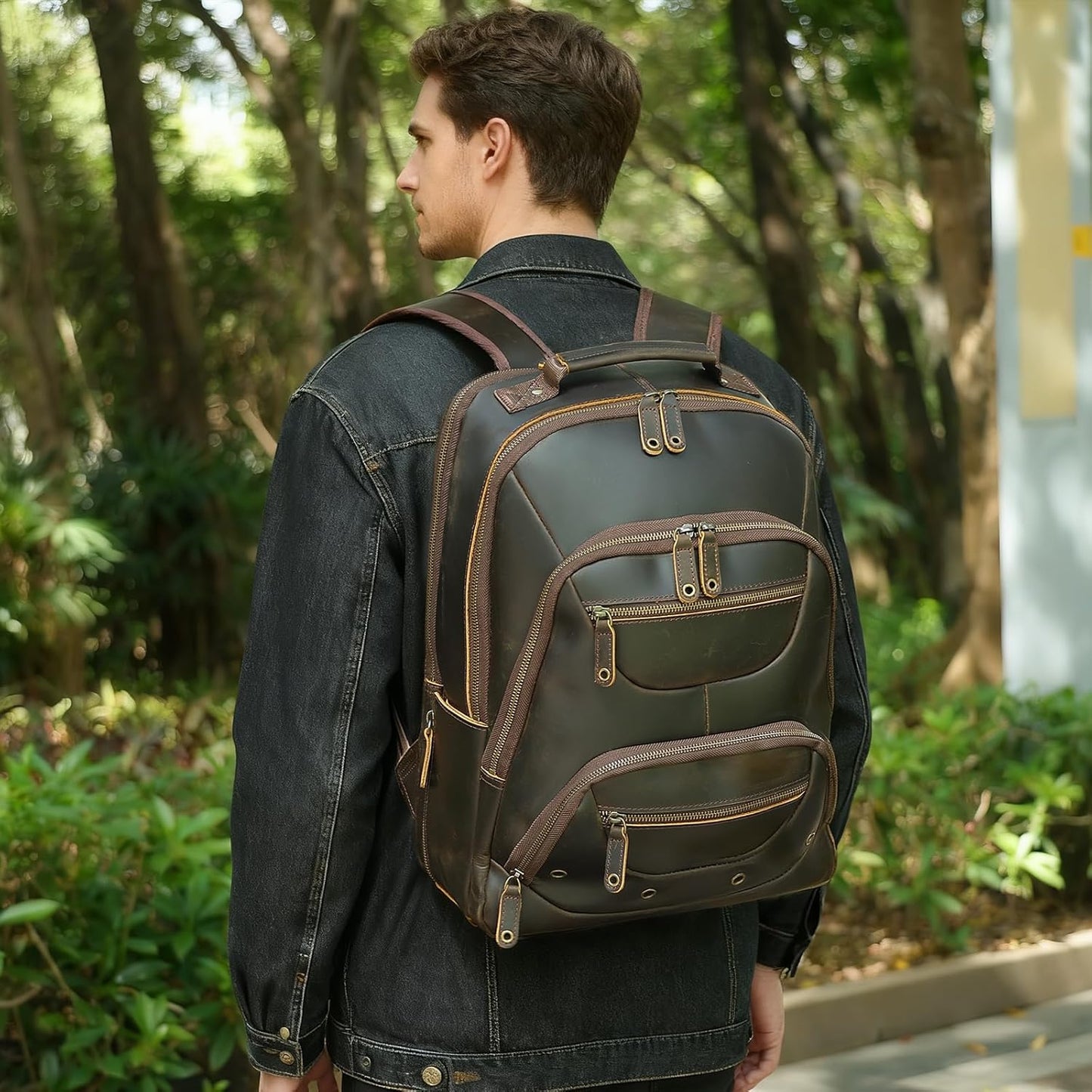 TIDING Men's Full Grain Leather Backpack Fits 16" Laptop, Vintage Business Casual Daypack 19L Overnight Travel Rucksack