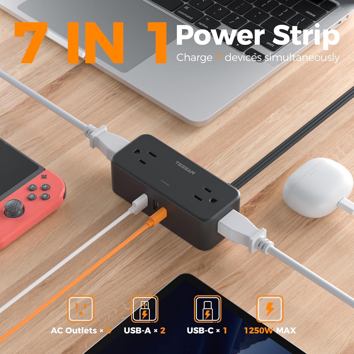 Black Extension Cord 10 Ft, TESSAN Power Strips with Surge Protection 900J with 4 Wide Spaced AC Outlets 3 USB Ports(1 USB C), Extension Cord with Multiple Outlets for Home Office Dorm Room