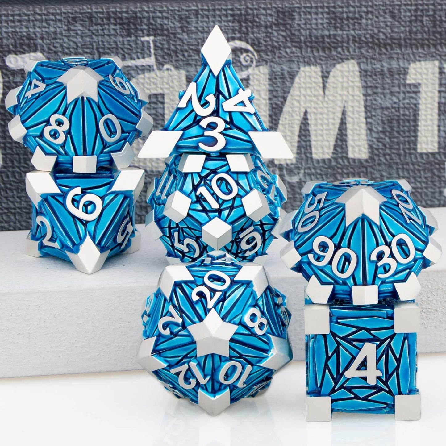 7PCS Metal DND Dice Set with Box, Debris RPG Blue D and D Dice for use with D&D Tabletop Games Role Playing Game Polyhedral Dice Set D20 D12 D10 D8 D6 D4