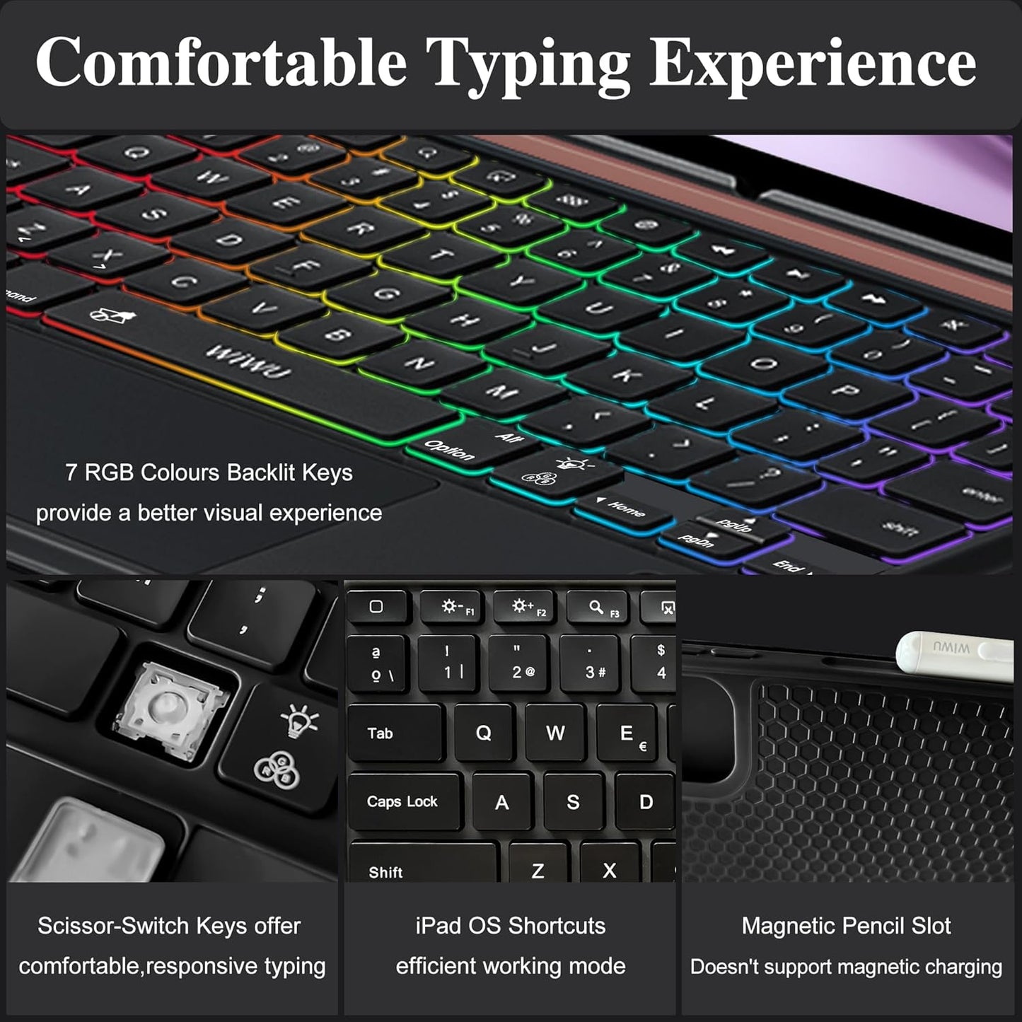 WIWU for iPad Case Keyboard for Air 13 Inch 3 in 1 Magnetic Detachable Keyboard Case Adjustable Stand 7 Colours Backlit Keys with Trackpad (Black, for Air 13"(M3/M2) Pro 12.9" 6/5/4/3)