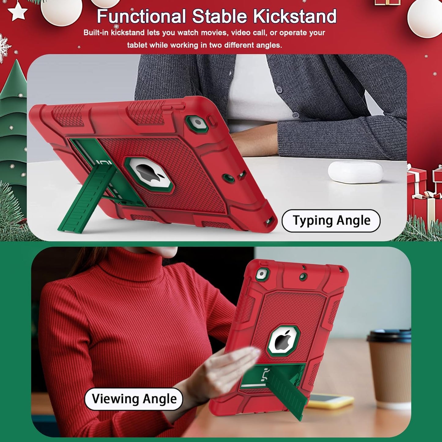 Rantice iPad 9th/8th/7th Generation Hybrid Shockproof Rugged Drop Protection Cover with Kickstand for iPad 10.2'' (Red+DarkGreen)