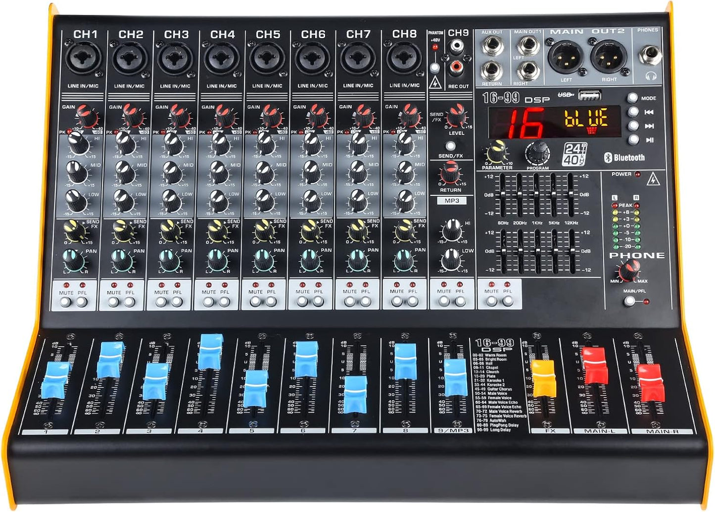 Mixers Audio 9 Channel Mixer, Dj Mixer Board Mixer Audio Bluetooth MP3 Mixer for Music with 99 Kinds of DPS Digital Effects, Usb Audio Mixer for Karaoke Speakers