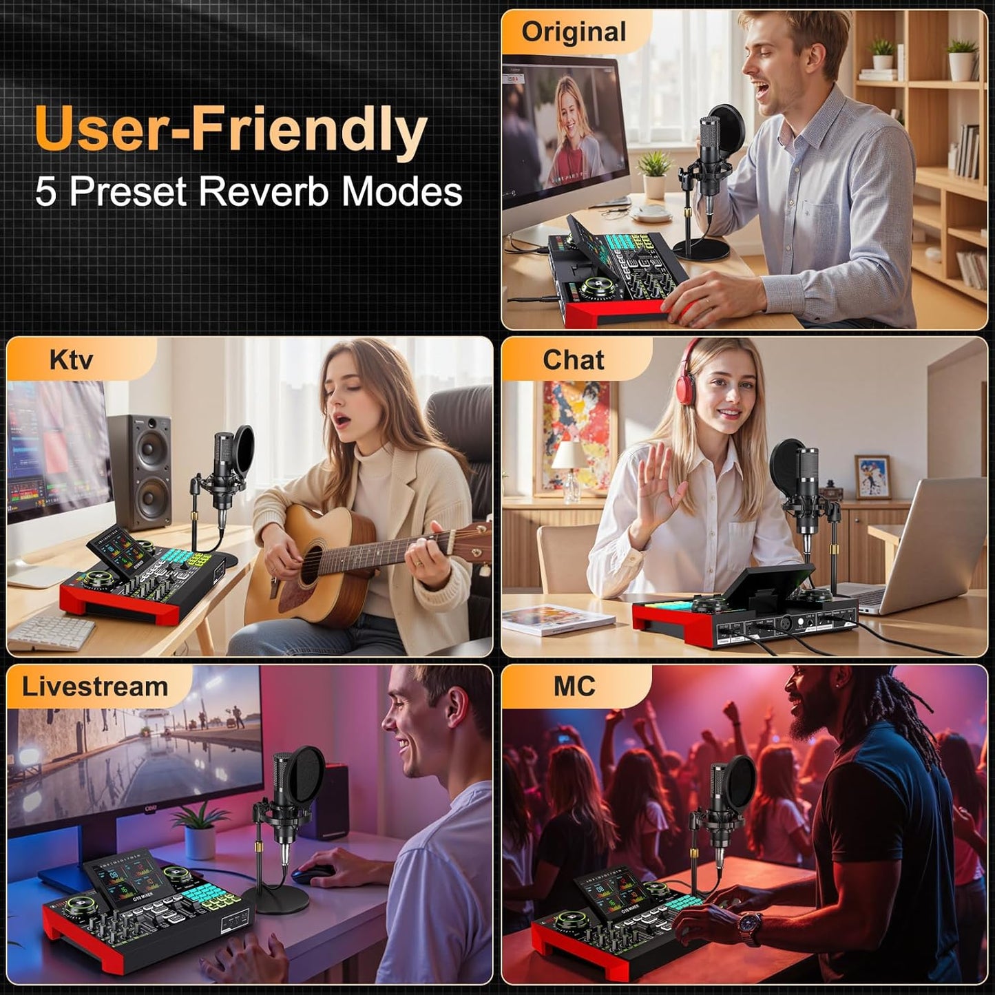 Podcast Microphone Bundle with Live Sound Card Audio Mixer, 3.5mm Condenser Microphone for PC/Phone Streaming and Singing, Podcast Equipment Bundle with Voice Changer sound board