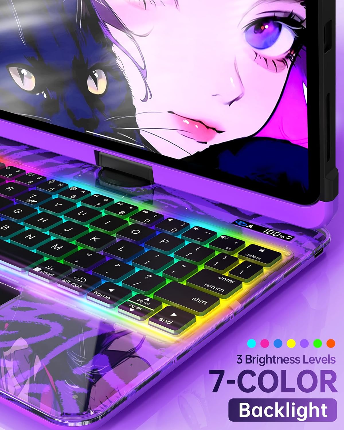 Intermerge Clear Keyboard Case for iPad Pro 11" (M4) 2024 Only, 360° Swivel Multi-Touch Trackpad, 7-Color RGB Backlit, Pencil Holder, Type-C, Power Indicator, Neon Pulse