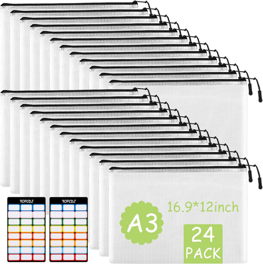 24pcs Mesh Zipper Pouches, A3 Size Waterproof Black Zipper Bags, Water-Resistant Plastic Zipper Pouch for School Office Supplies, Puzzles & Games Organizing Storage