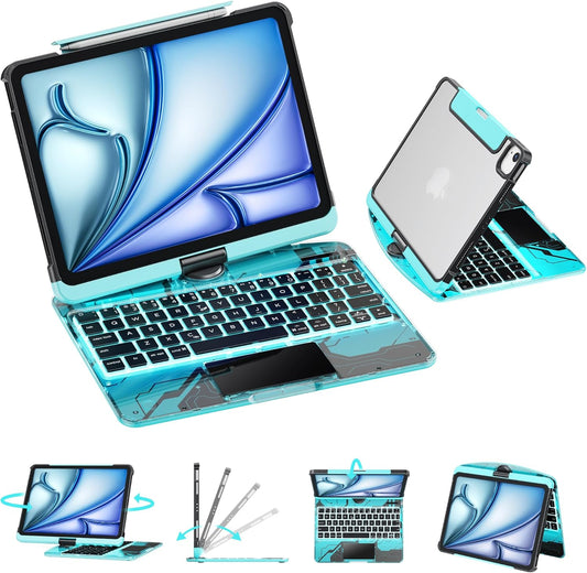 GUSGU Transparent Case with Wireless Keyboard for iPad 10.2-in (7th, 8th, and 9th Gen), 7 Colors Backlight, Trackpad, 360°Rotating Stand, Tech Style