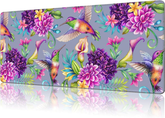 Mouse Pad Large Humming Bird and Flowers Non-Slip Gaming Desk Mat with Stitched Edge Laptop Keyboard Desk Pad for Work Home Gaming (35.4 x 15.7 Inches)
