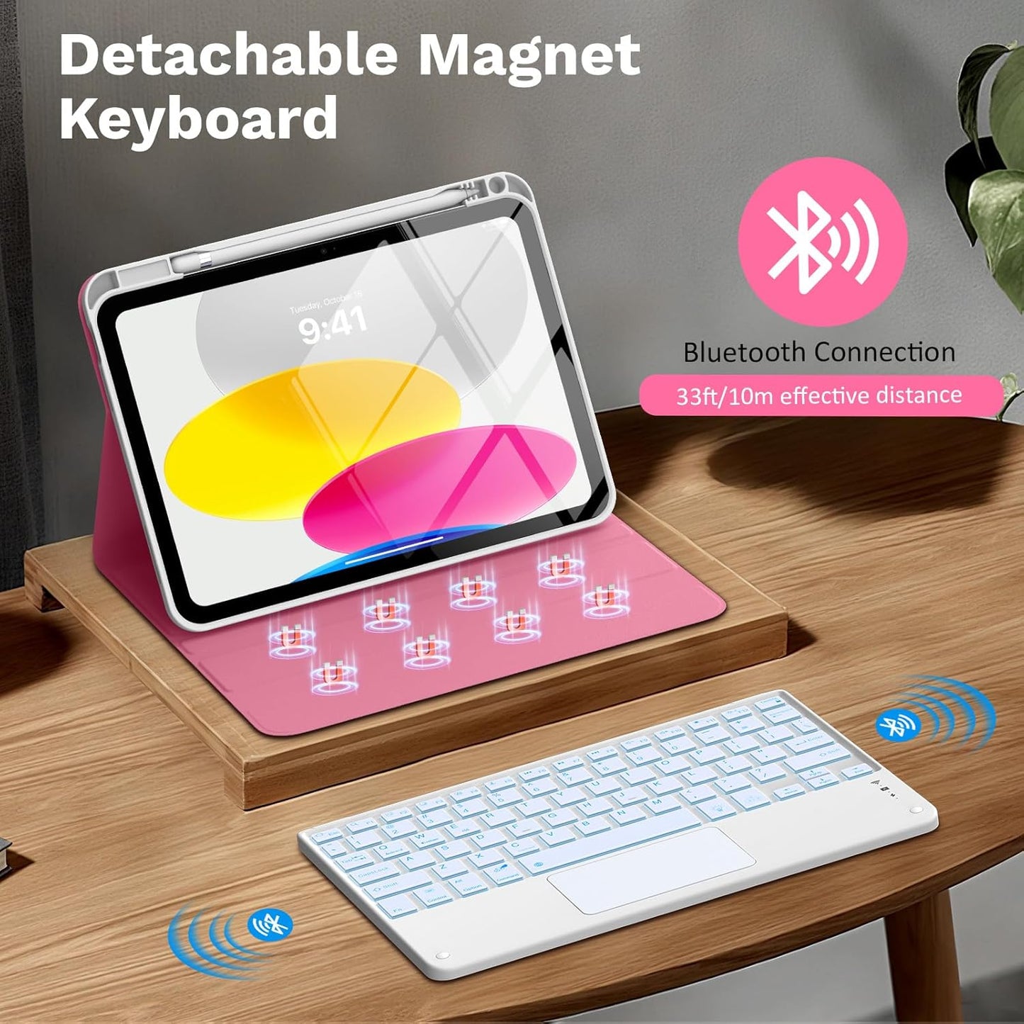 MoKo Touch Keyboard Case for iPad (A16) 11th Generation 11 inch 2025, iPad 10th Generation 10.9 inch Case with Pencil Holder, 7 Colors Backlit Multi-TrackPad Detachable Bluetooth Keyboard, Shiny Pink