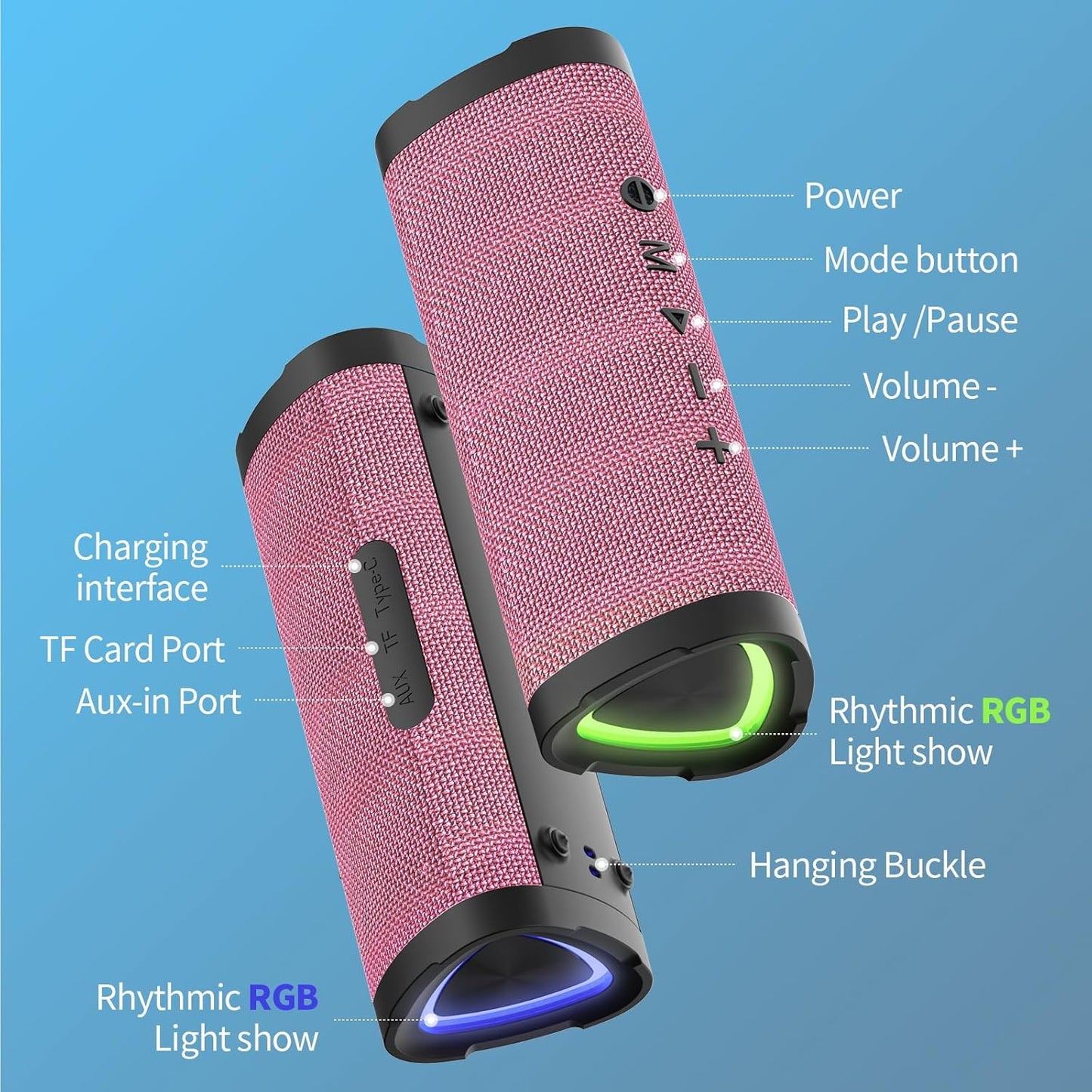 Vanzon Bluetooth Speakers V40 Portable Wireless Speaker V5.0 with 24W Loud Stereo Sound, TWS, 24H Playtime & IPX7 Waterproof, Suitable for Travel, Home&Outdoors-Pink