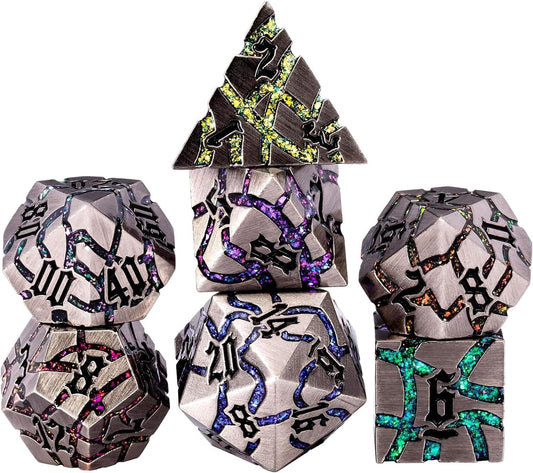 Metal Dice Set D&D,Crack Metallic DND Dice Set with Box, Metal Glitter RPG Dice for Dungeons and Dragons Table Game(Antique Nickel 7 Colors)