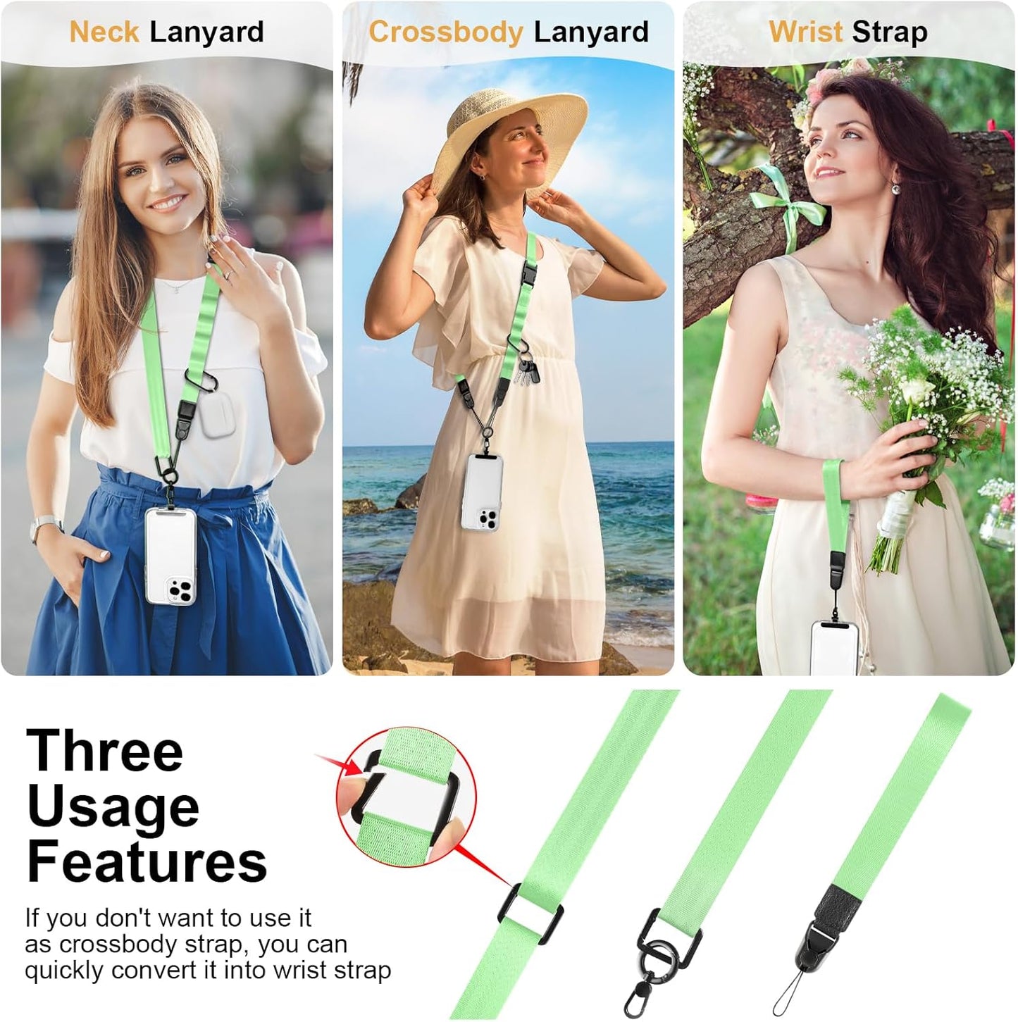 Adjustable Crossbody Phone Lanyard, Universal Phone Wrist Strap and Phone Neck Strap with Tether Tab, Phone Lanyard with Quick Release, Suitable for iPhone and Most Smartphones, Light Green