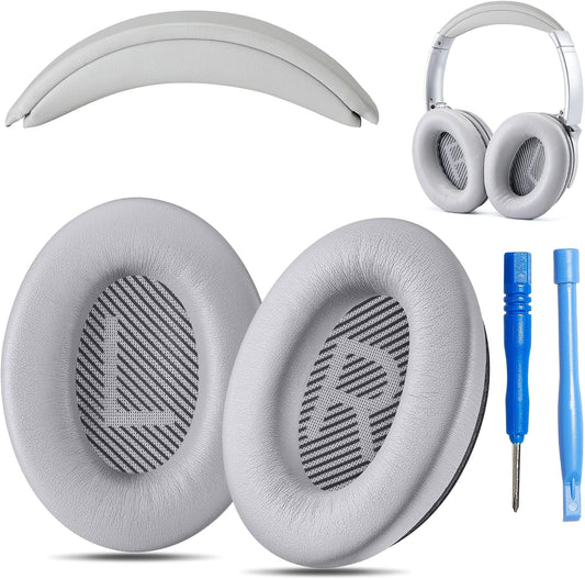 Replacement QC Ear Pad and Headband Pad Kit Cushion. Compatible with Bose QuietComfort (2023) QC45 QC35 QC35 II QC SC QC SE Wireless Noise Cancelling Headphones (Grey)