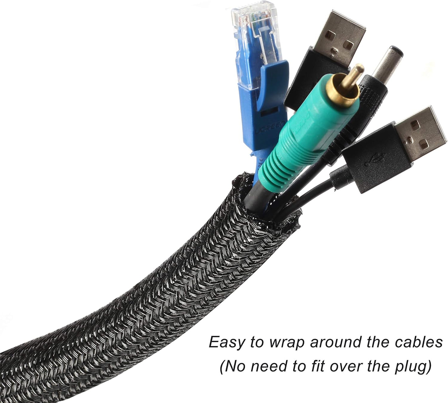 CrocSee 10ft - 1/2 inch Braided Cable Management Sleeve Cord Protector - Self-Wrapping Split Wire Loom for TV/Computer/Home Theater/Engine Bay - Black