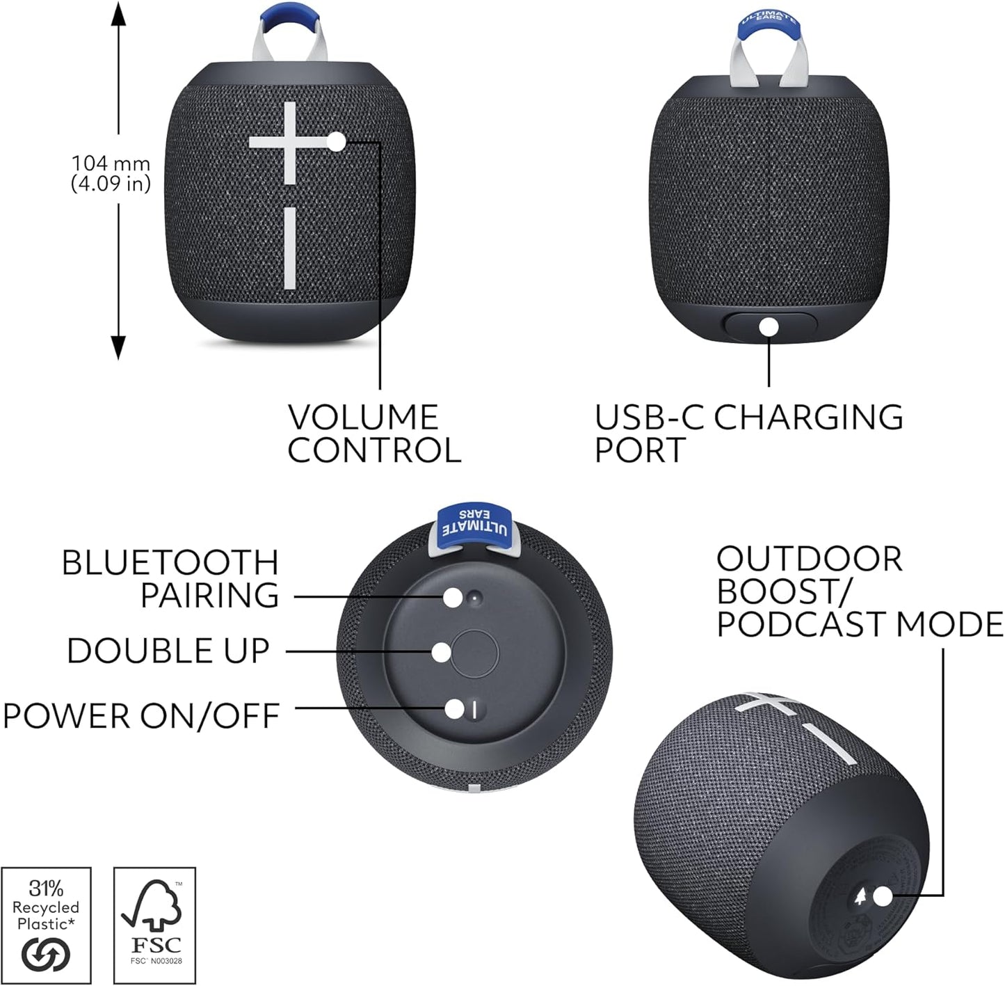 Ultimate Ears WONDERBOOM 4 Waterproof Bluetooth Outdoor Speakers with Big Bass & 360-Degree Sound, Dustproof Floating Wireless Speaker, 131ft Range - Black