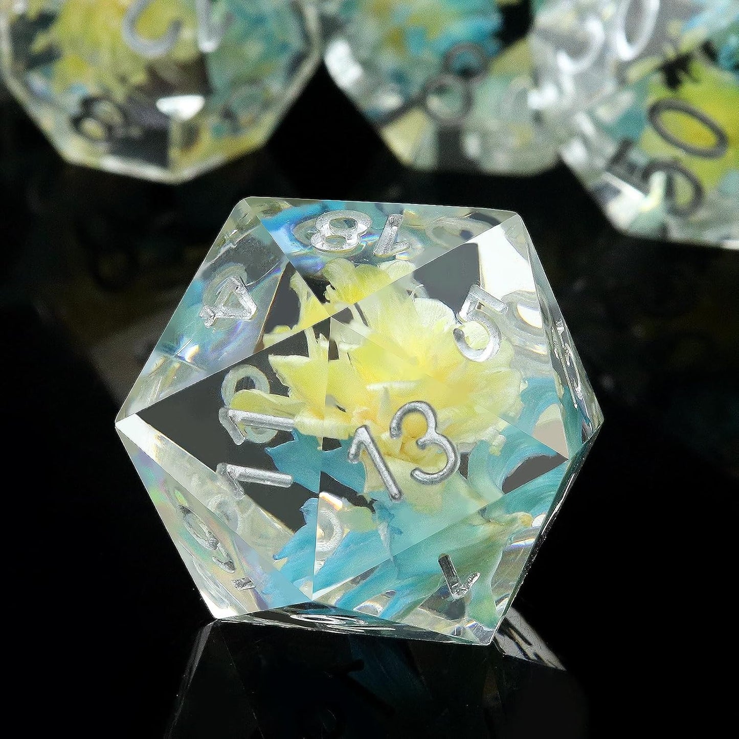 Haxtec Flower DND Dice Set Sharp Edge Dice with Dice Case Handmade Blue Yellow Resin D&D Dice Set for TTRPGs Compatible with Dungeons and Dragons Gifts