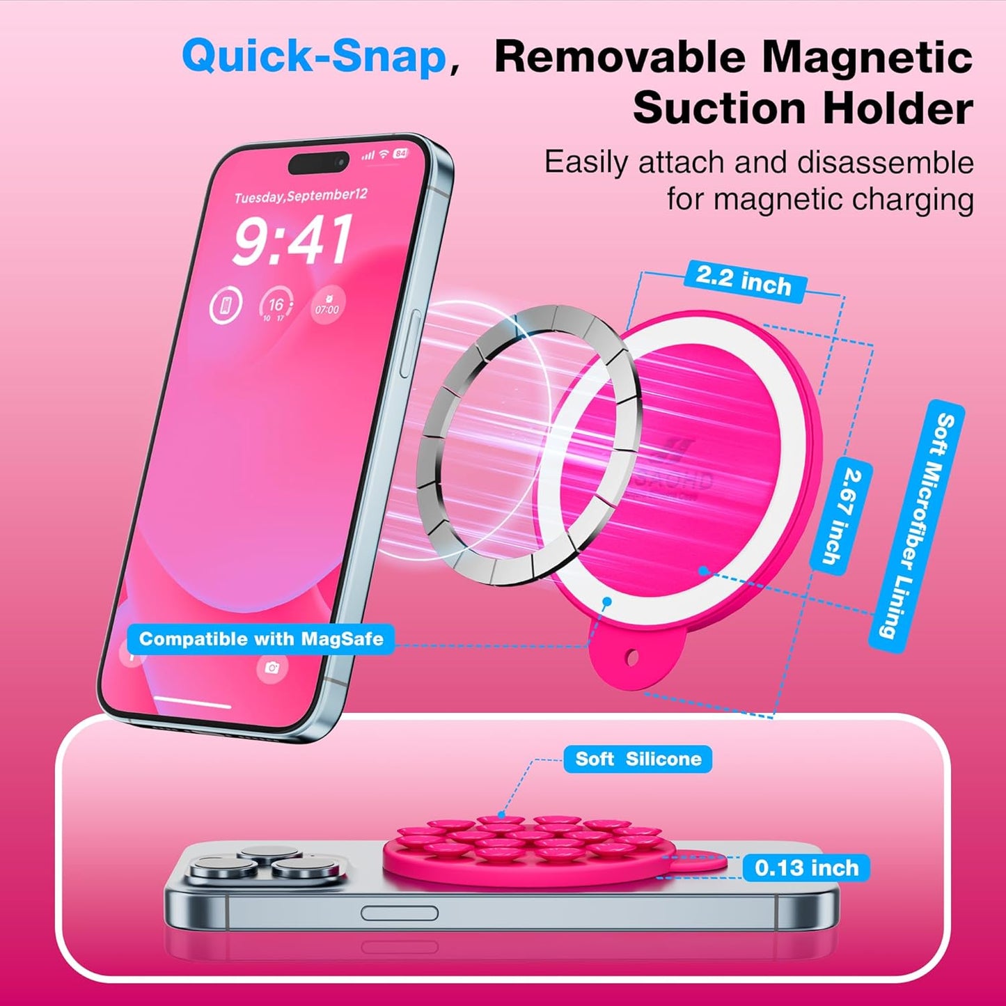 Magnetic Suction Cup Phone Mount for MagSafe Case, Silicone Hands-Free Grip Holder for iPhone and Android, Mirror Shower Phone Stand for Makeup FaceTime Gym Kitchen Bathroom, Neon Pink