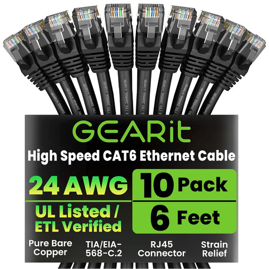 GEARit Cat 6 Ethernet Cable Pack - 10-Pack 6 ft Cat6 Ethernet Patch Cables | RJ45 Network Patch Cable, 10 Gbps Snagless Gold-Plated Connectors - Ethernet Cable Cat 6 for PC, TV, Router - Black