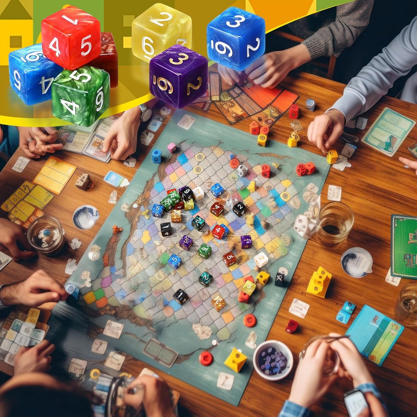 Poen 100 Pcs 16mm Dice Set Bulk, 6 Sided Standard Colored Dices with Numbers, D6 Polyhedral Games Dice for Board Games, Parties (Classic Color)