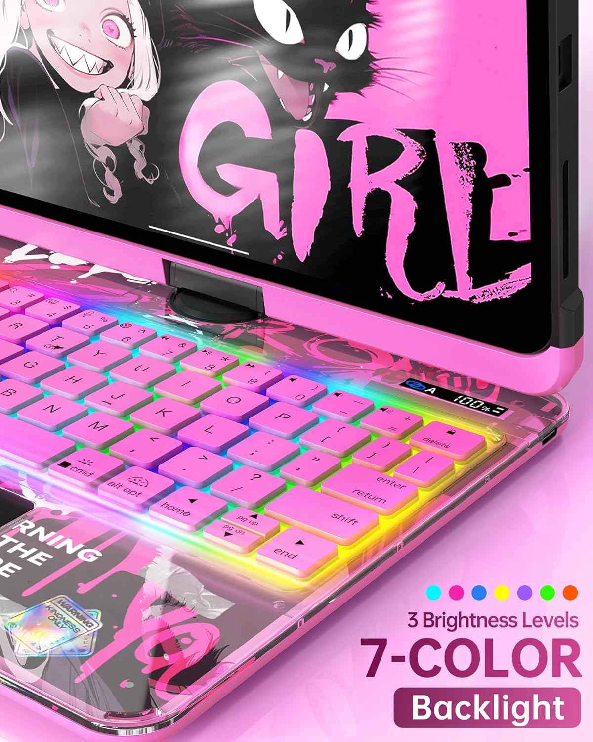 Intermerge Clear Keyboard Case for iPad Pro 13" (M4) 2024 Only, 360° Swivel Multi-Touch Trackpad, 7-Color RGB Backlit, Pencil Holder, Type-C, Power Indicator, Blush Pulse