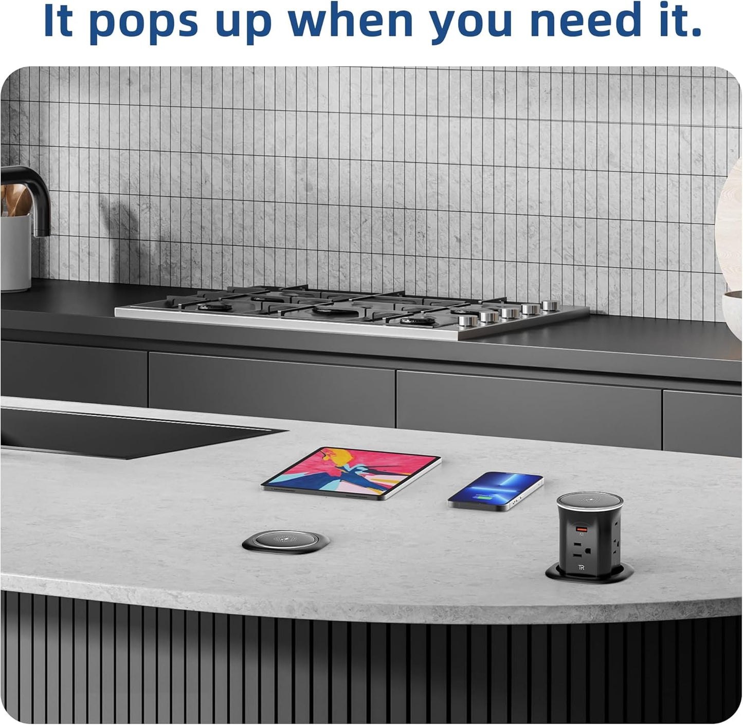 Jgstkcity Pop Up Outlet for Countertop 3.15-inch Desk Wire Hole Insert,9-in-1 Power Strip with 15W Wireless Charger,4 Outlets 4 USB Ports,15Amp Tamper Resistant Receptacle, ETL Listed (Black)