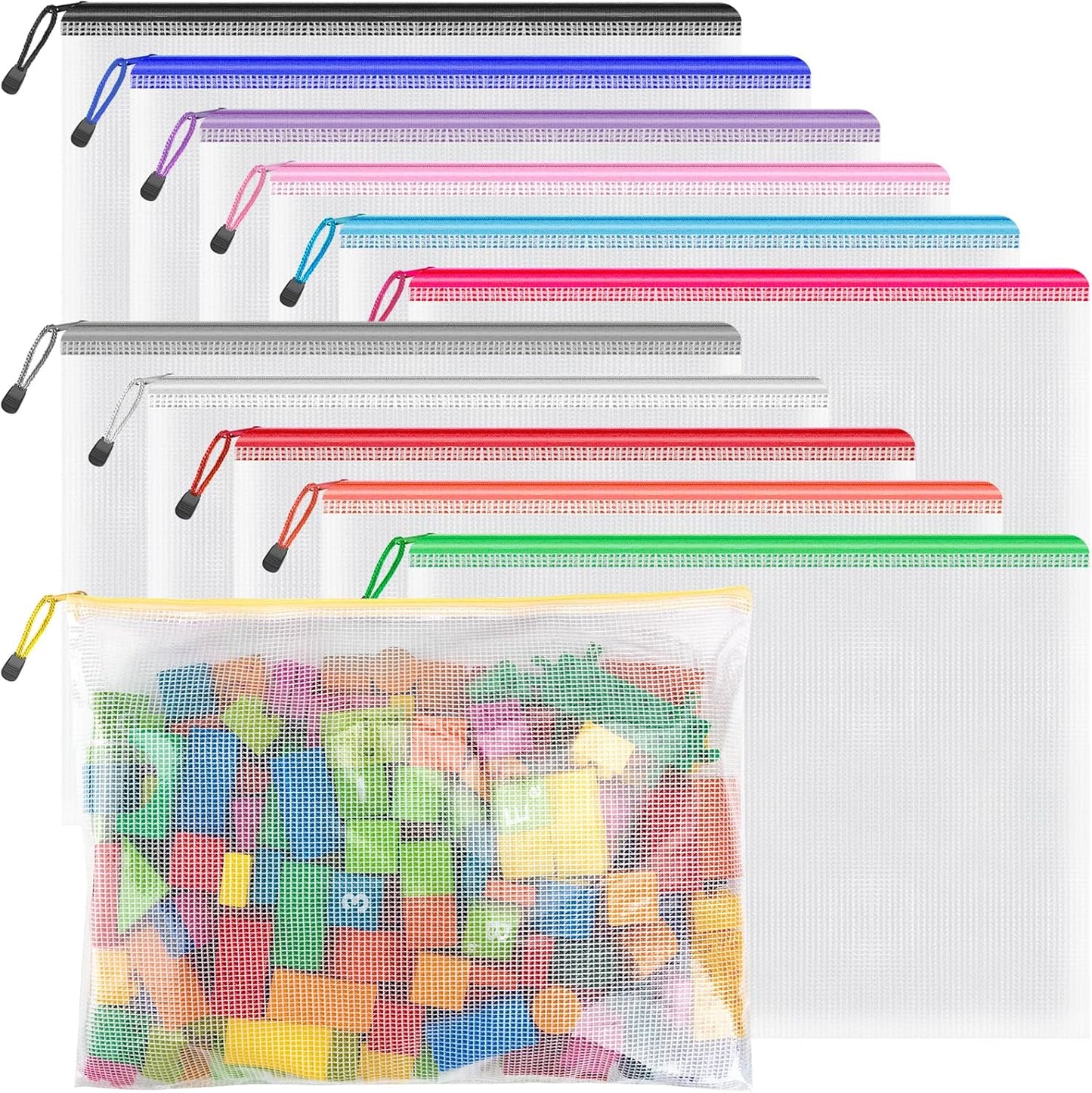 Umriox Mesh Zipper Pouch, 14.9x11.0 in (12 Colors, 12 Packs), Extra Large Zipper Bags, Waterproof Zipper Pouches for Office Supplies, Puzzles, Board Game Storage & Cross Stitch Projects