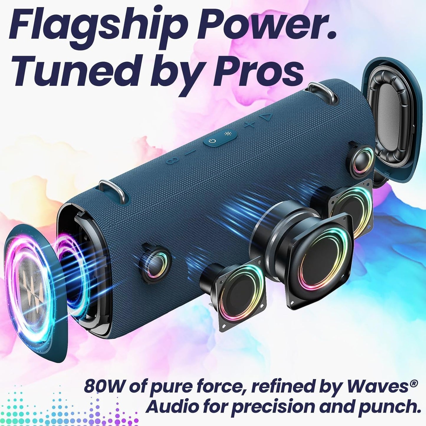 Vibe Pro Outdoor Bluetooth Speaker, 80W Peak Loud Portable Wireless Speaker, Waterproof IPX65, Deep Bass, RGB Lights, Studio Quality Sound Powered by Waves Audio, Party & Pool Ready (Blue)