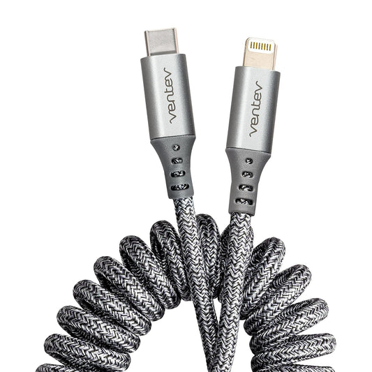 Ventev - Helix 3ft Expandable iPhone Cable | Fast Charging USB C to Apple Lightning Cable | Compatible with iPhone 14/13/12/11 | Coiled MFi Certified iPhone Charger Cord - Gray