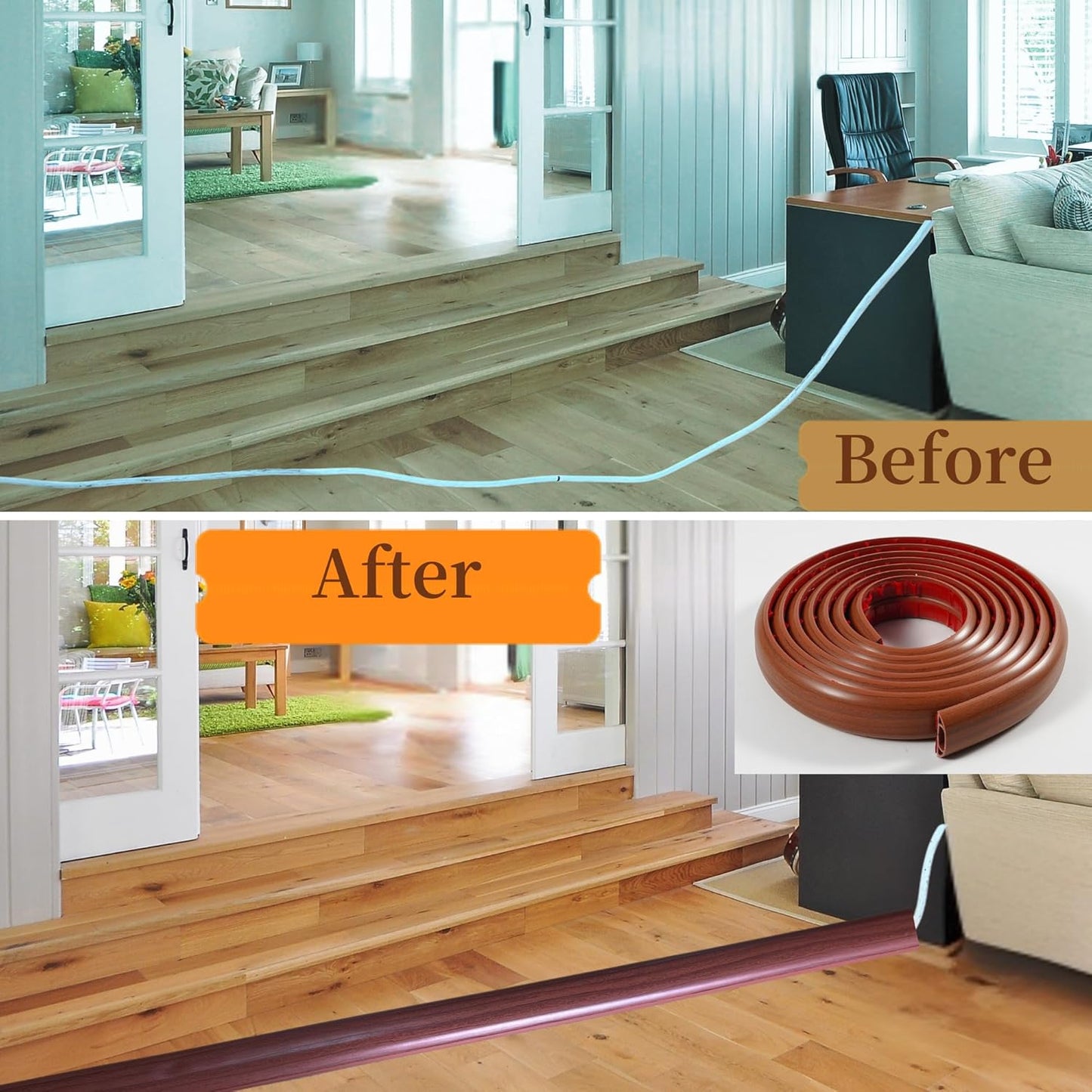 3.3ft Self Adhesive Floor Cord Cover, Cord Hider Floor, Cable Cavity:0.61"(W) x 0.32"(H),Heavy Duty Cable Protector, Hide Extension Cords, Cable Management Hide Wires on Floor,Walnut Wood